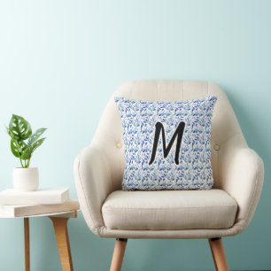 Water Colour Blue Leaf Mosaic Fine Art Monogram Throw Pillow
