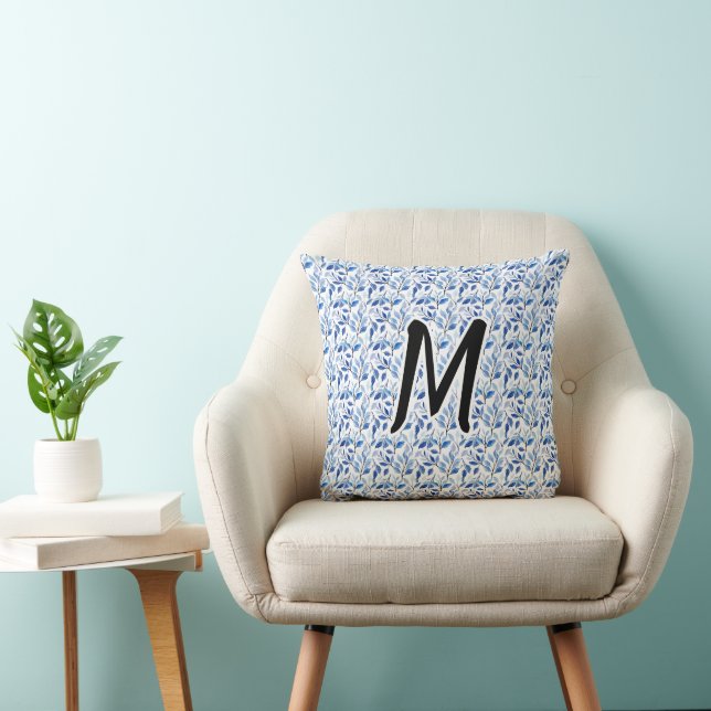 Water Colour Blue Leaf Mosaic Fine Art Monogram Throw Pillow (Chair)