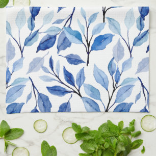 Water Colour Blue Leaf Waves Teal Mosaic Fine Art Kitchen Towel
