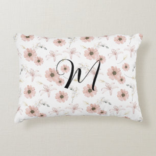 Water Colour Blush Pink Flowers Art Monogram Accent Pillow