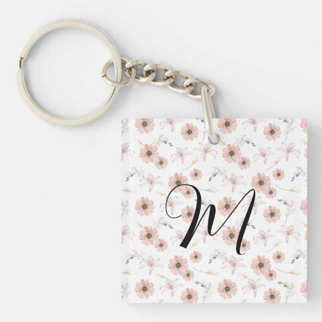 Water Colour Blush Pink Flowers Art Monogram Keychain (Front)