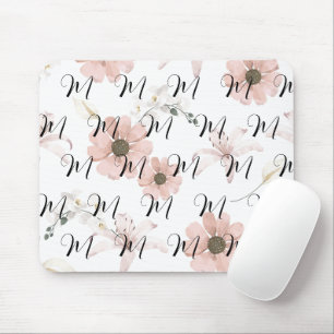 Water Colour Blush Pink Flowers Art Monogram Mouse Pad