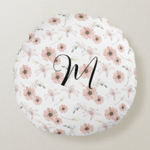 Water Colour Blush Pink Flowers Art Monogram Round Pillow
