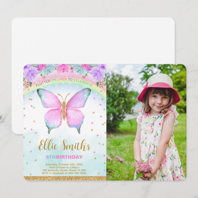Water Colour Butterfly Birthday Photo Invitation (Front/Back)
