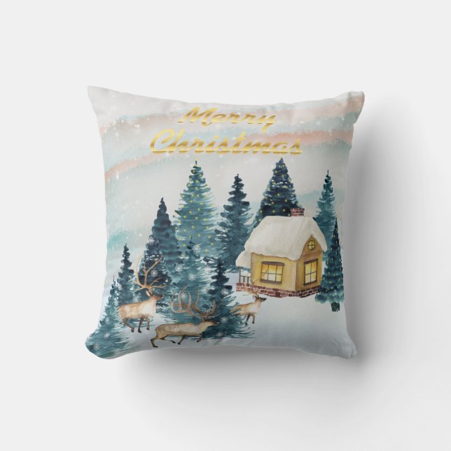 Water Colour Christmas Cabin Throw Pillow (Front)