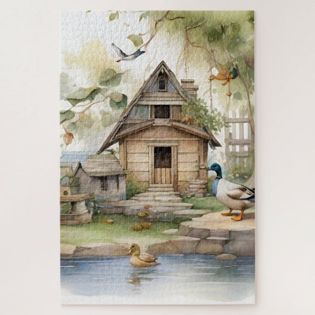 Water-colour Ducks  Country Garden Pond Scene 1 Jigsaw Puzzle (Vertical)