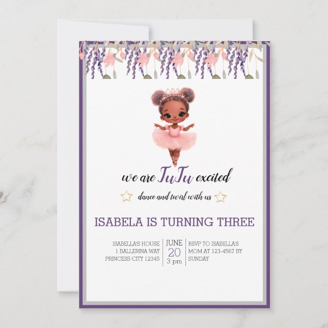 Water Colour Floral Ballerina Dancer Birthday Invitation (Front)