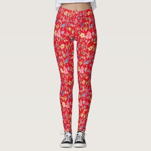 Water Colour Floral Pattern 01.bw Red BG Leggings