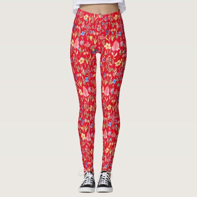 Water Colour Floral Pattern 01.bw Red BG Leggings (Front)