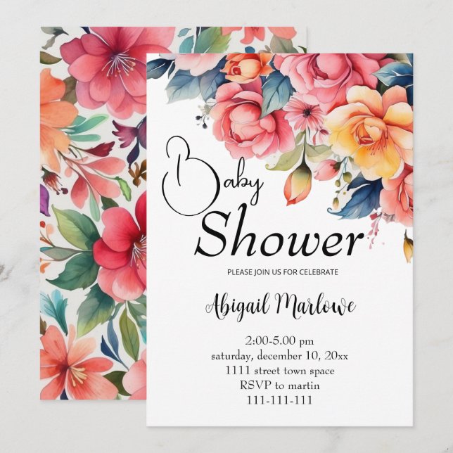 water colour flower baby shower invitation card (Front/Back)