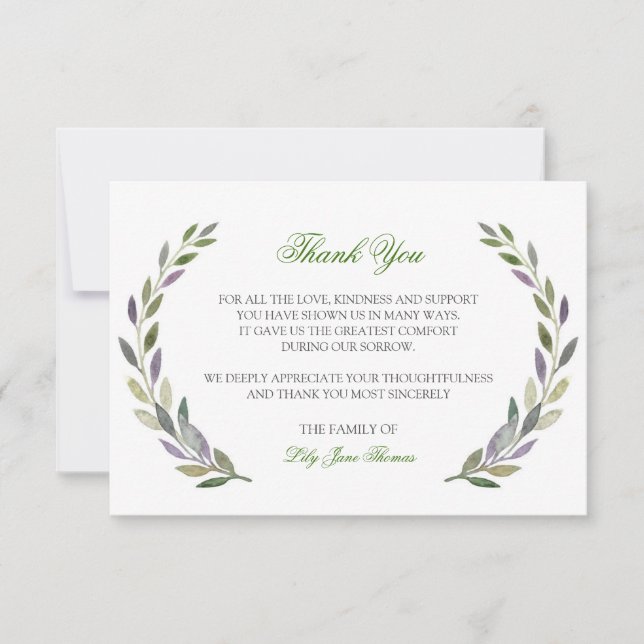Water Colour Foliage Thank You Card | Memorial Car (Front)