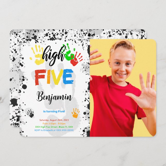 Water Colour High Five Photo Invitation (Front/Back)