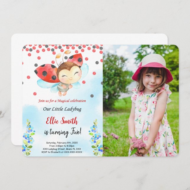 Water Colour Ladybug Birthday Photo Invitation (Front/Back)