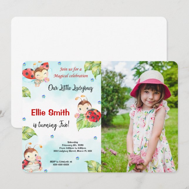 Water Colour Ladybug Photo Invitation (Front/Back)