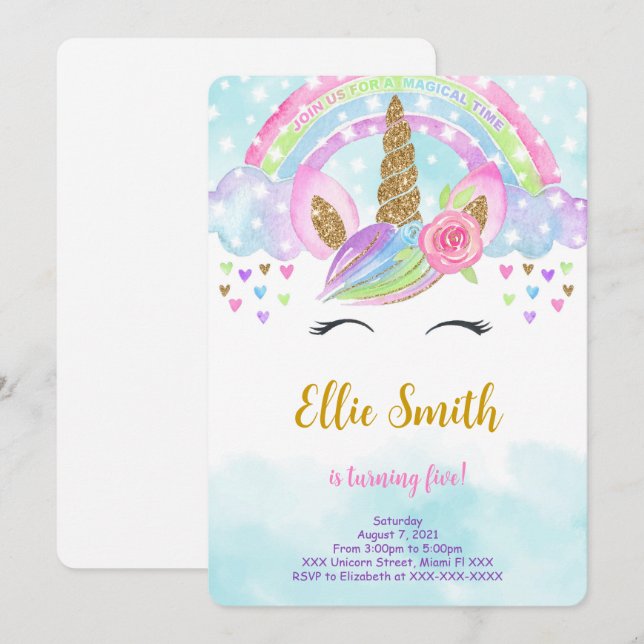 Water Colour Magical Unicorn Invitation (Front/Back)