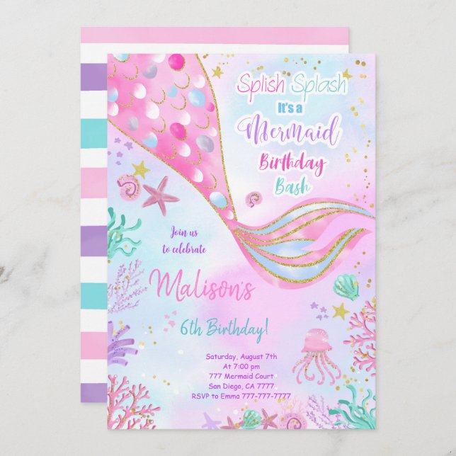 Water Colour Mermaid Birthday Invitation (Front/Back)