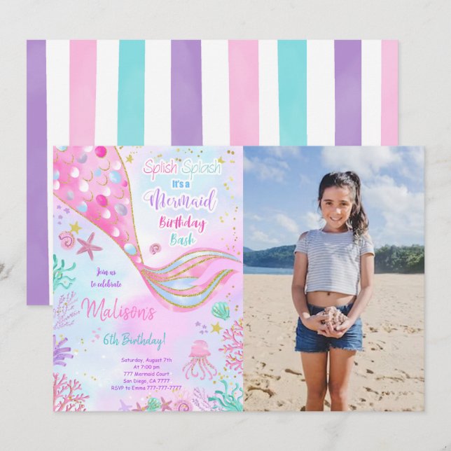 Water Colour Mermaid Birthday Photo Invitation (Front/Back)