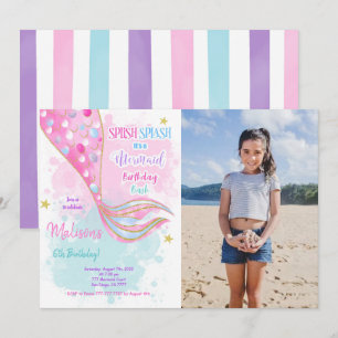 Water Colour Mermaid kids Photo Invitation