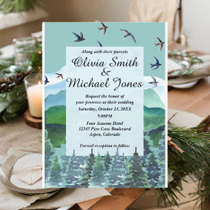 Water colour mountains and trees wedding invitatio postcard