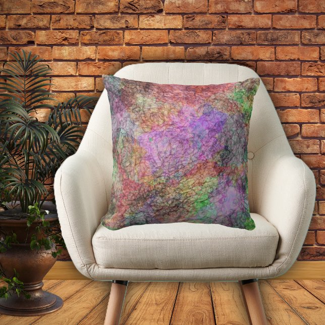 Water Colour Paint Look with Pretty Swirled Colour Throw Pillow (Abstract pattern of swilrs of pretty pinks purples greens yellows on home decor pillow.)