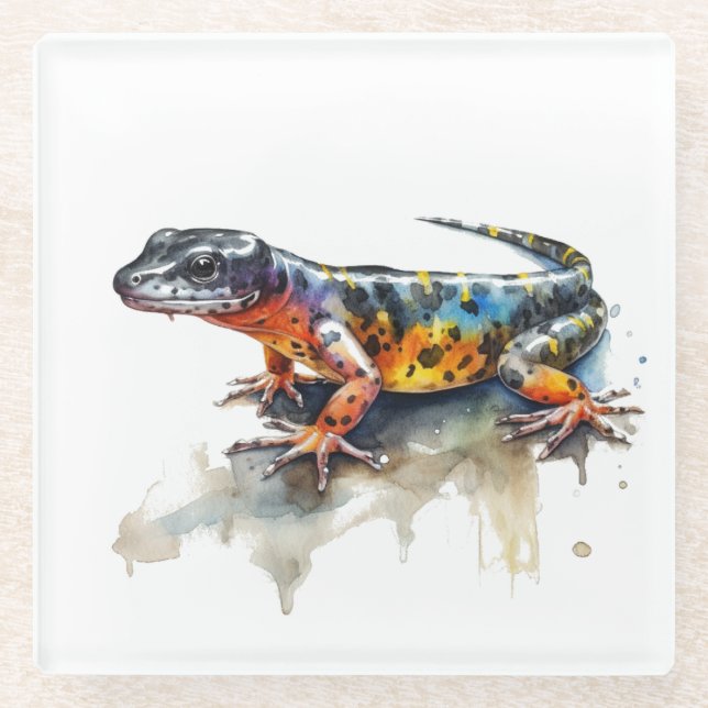 Water colour painting of a colourful salamander glass coaster (Front)