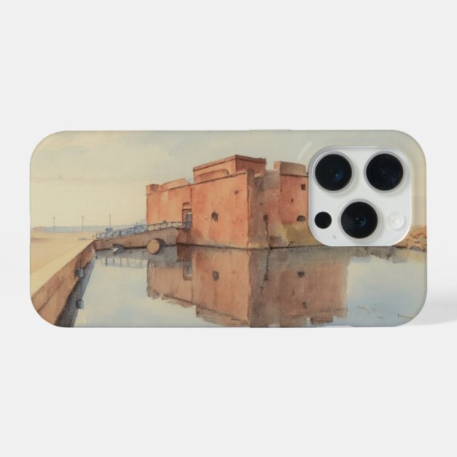 Water colour painting style image of Paphos Castle iPhone Case (Back Horizontal)