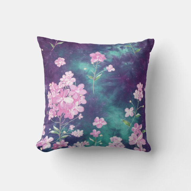 Water Colour Pink Flowers Purple Tie Dye Dreamer Throw Pillow (Front)