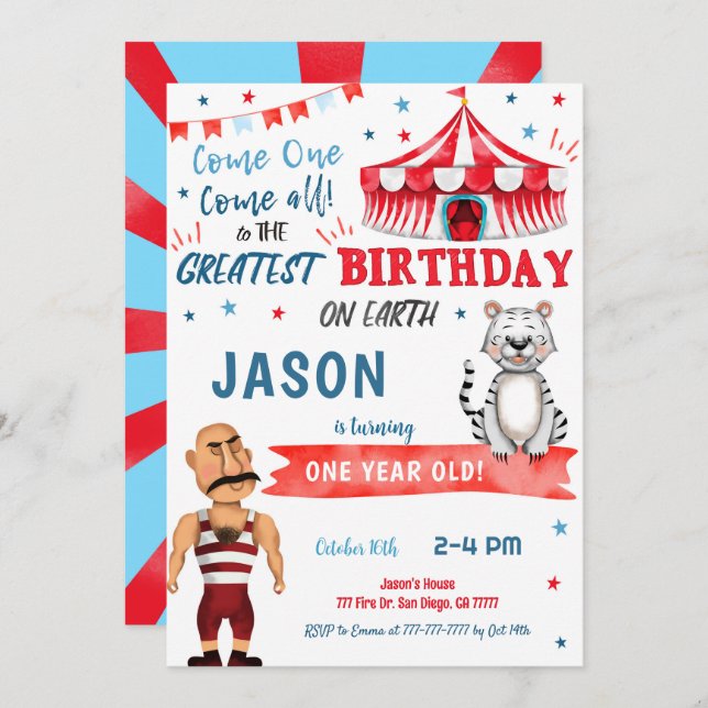 Water Colour Red & Blue Circus Birthday Invitation (Front/Back)