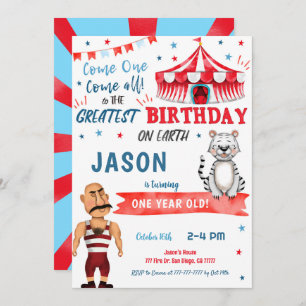 Water Colour Red & Blue Circus Birthday Invitation