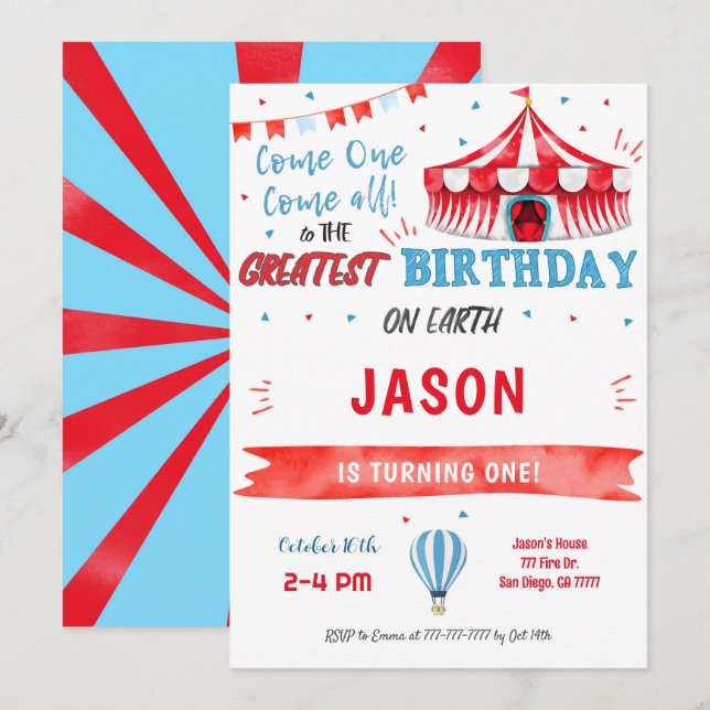 Water Colour Red & Blue Circus Invitation (Front/Back)