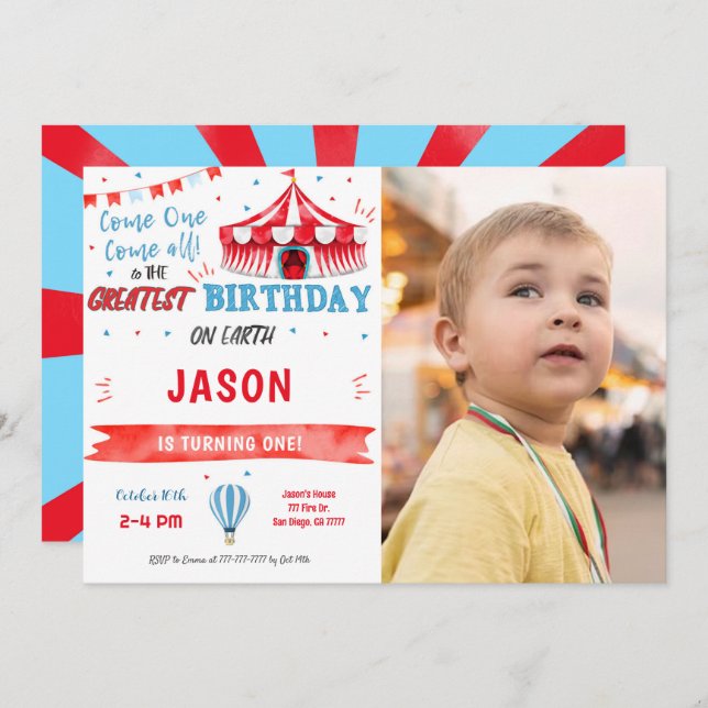 Water Colour Red & Blue Circus Photo Invitation (Front/Back)