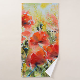 Water colour red poppy flowers painting. Flowers i Bath Towel
