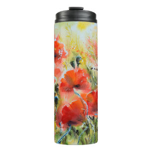 Water colour red poppy flowers painting. Flowers i Thermal Tumbler