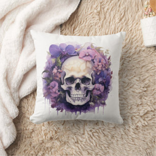 Water colour skulls and flowers throw pillow
