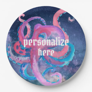Water colour space octopus pink stars  paper plate