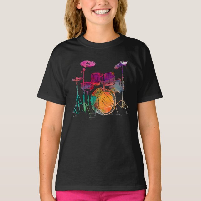 Water Colour Style Drummer Drum Set  Drummer T-Shirt (Front)