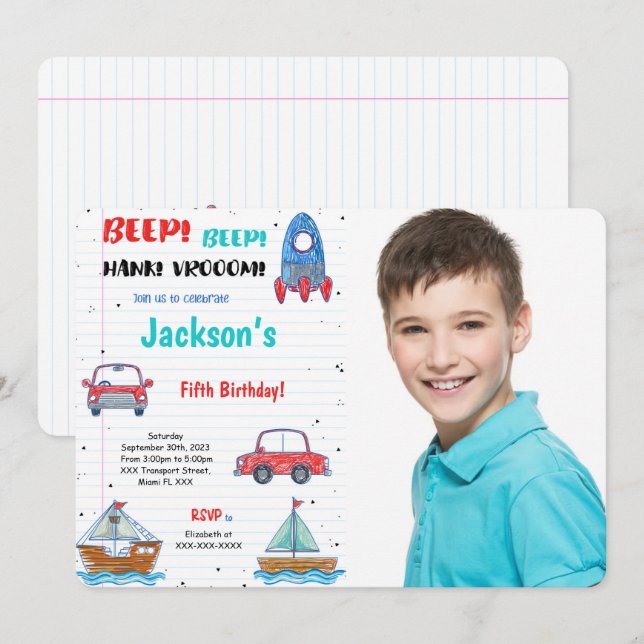 Water Colour Transportation Birthday Photo Invitation (Front/Back)