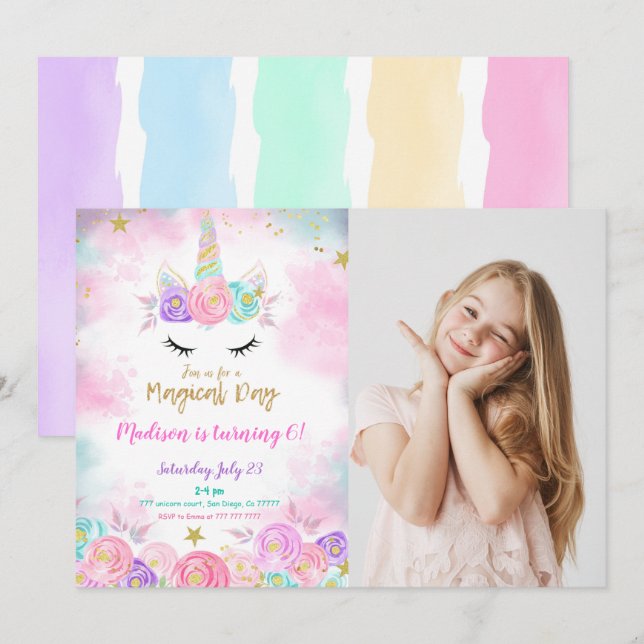 Water Colour Unicorn Photo Invitation (Front/Back)