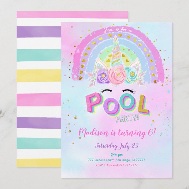 Water Colour Unicorn & Pool Birthday Invitation (Front/Back)