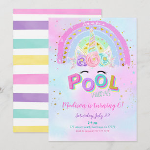Water Colour Unicorn & Pool Birthday Invitation