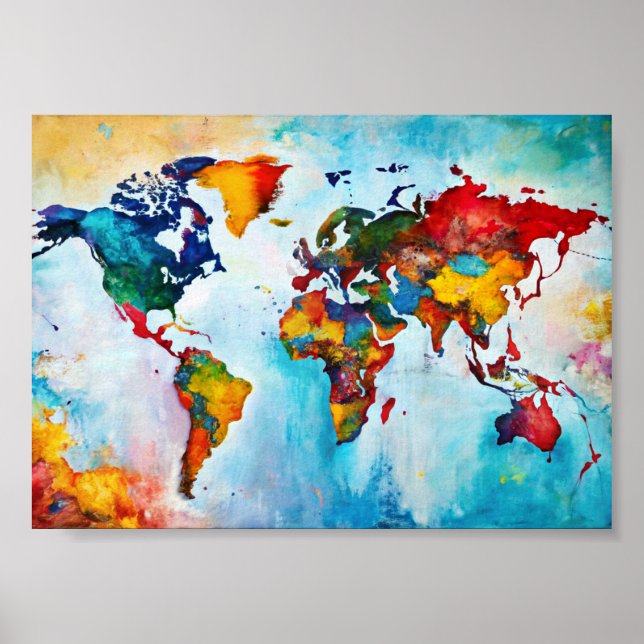 Water Colour Wall Art World Map Poster (Front)