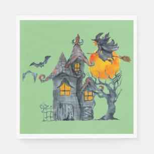 Water colour Witch and spooky  house Halloween Nap Napkin