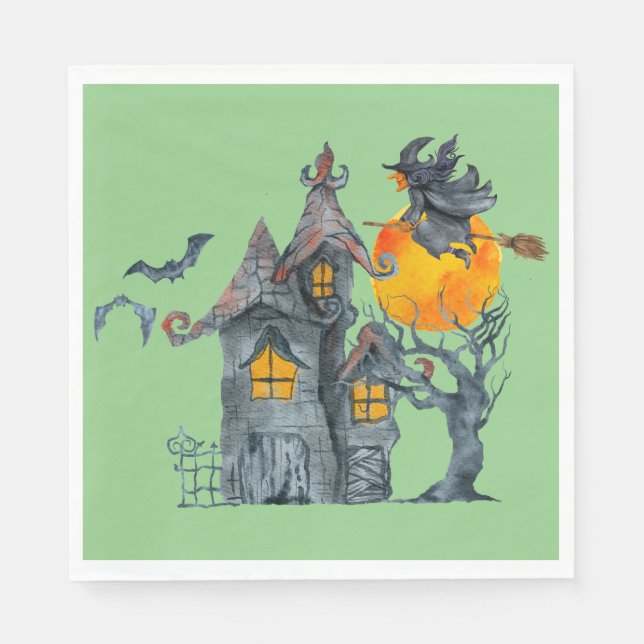 Water colour Witch and spooky  house Halloween Nap Napkin (Front)