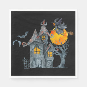 Water colour Witch and spooky house Halloween Napkin