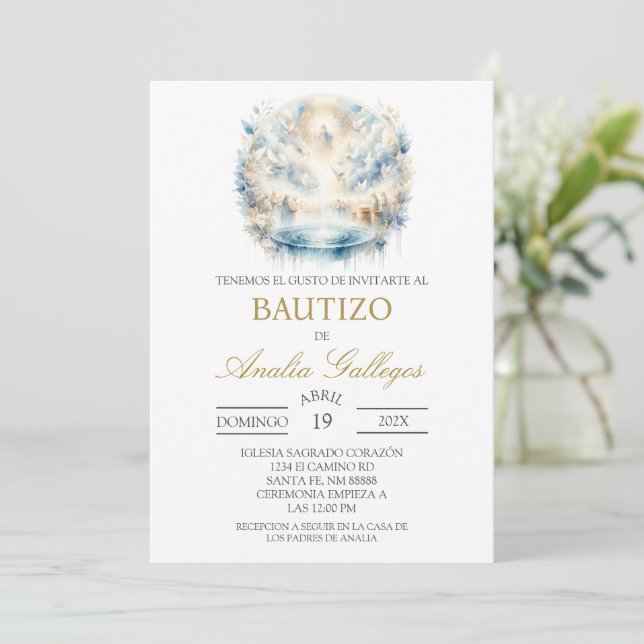 Water coloured  Spanish baptism Invitation (Standing Front)