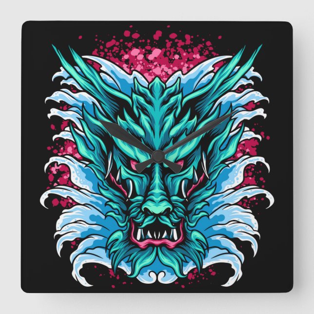 Water Dragon Square Wall Clock (Front)