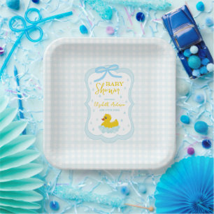 Water Droplets Gingham Boy Baby Shower Paper Plate