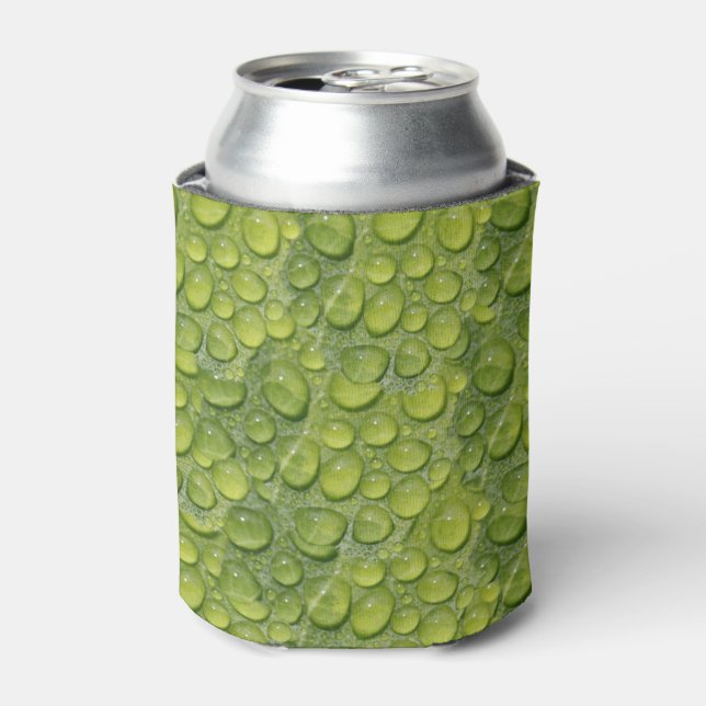 Water Droplets Green Leaf Nature Pattern Can Cooler (Can Front)