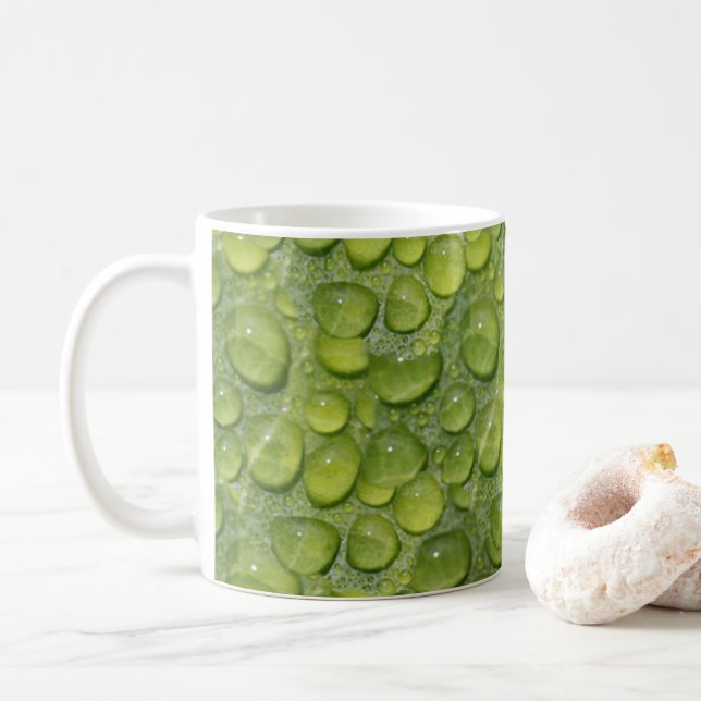 Water Droplets Green Leaf Nature Pattern Coffee Mug (With Donut)