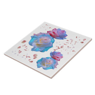 Water Droplets on Pink & Blue Roses on White   Tile